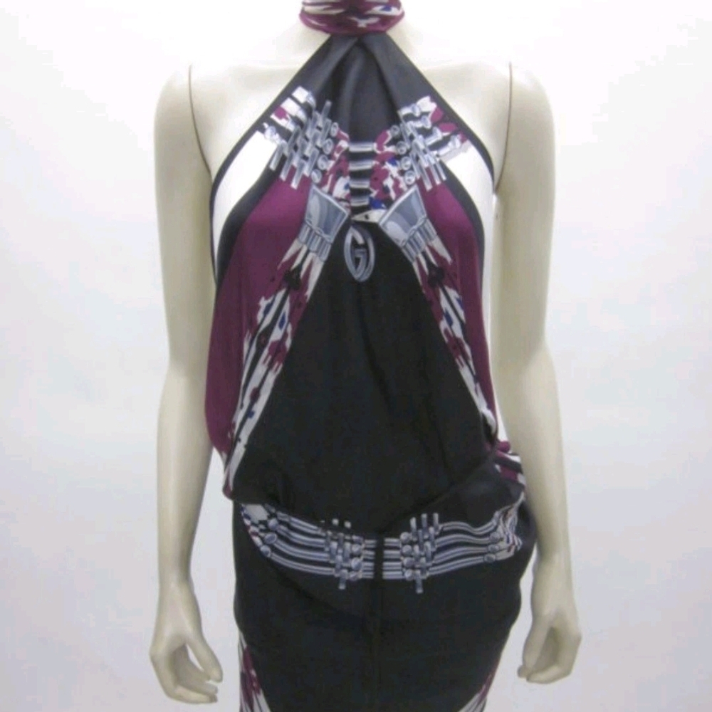 Gucci Black White Plum GG Logo 100% Silk Wrap Scarf  Halter Dress RARE